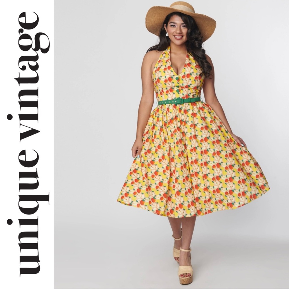 Unique Vintage 1950s Yellow & Red Apple Print Cotton Halter Swing Dress, NWT!
